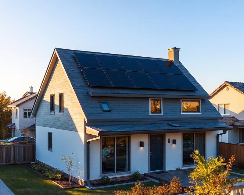 Modern home with solar panels on the roof at golden hour